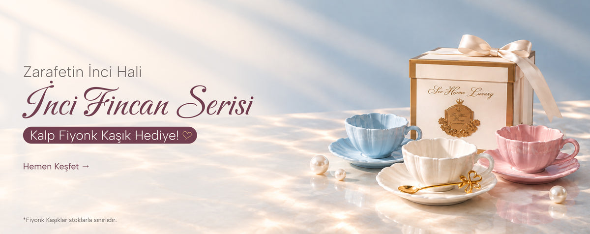 İnci Fincan Serisi — Fiyonk Kaşık Hediyeli — Sev Home fincan koleksiyonu