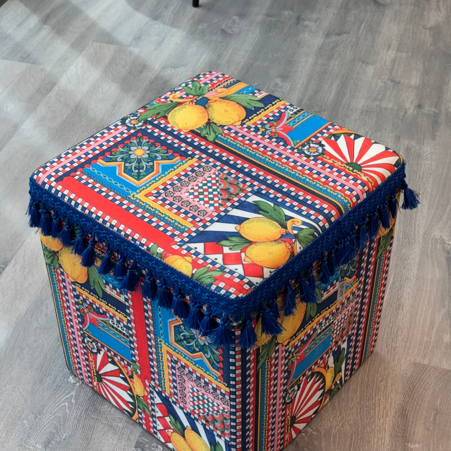 Limon Desen Püsküllü Küp Puf