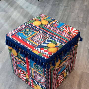 Limon Desen Püsküllü Küp Puf