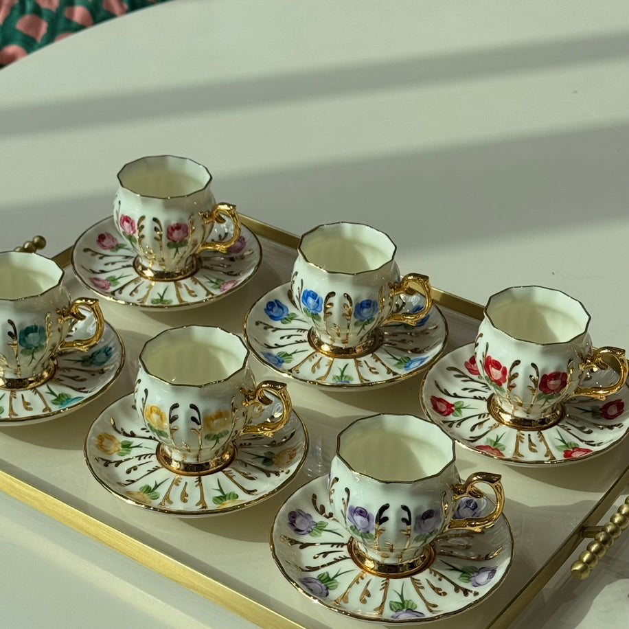 Porselen El Boyaması Çiçek Motif Gold Takım
