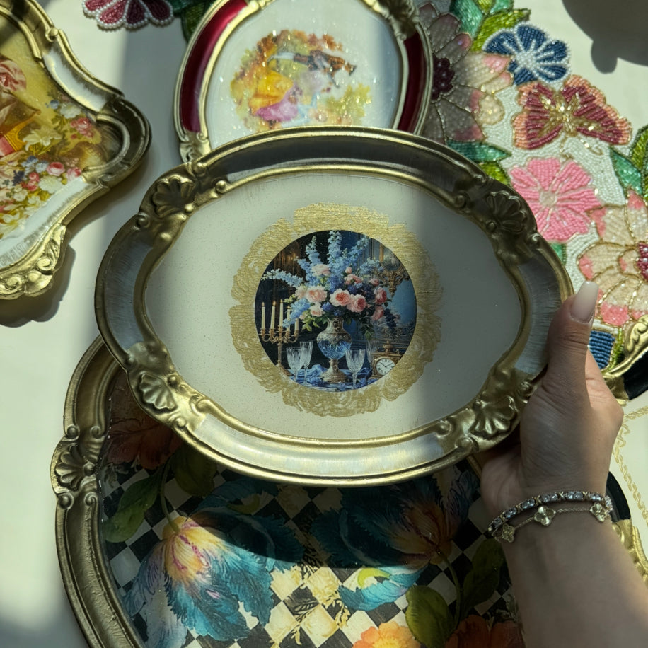 Mavi Baskı Oval Tek Kişilik Gül Ağacı Tepsi