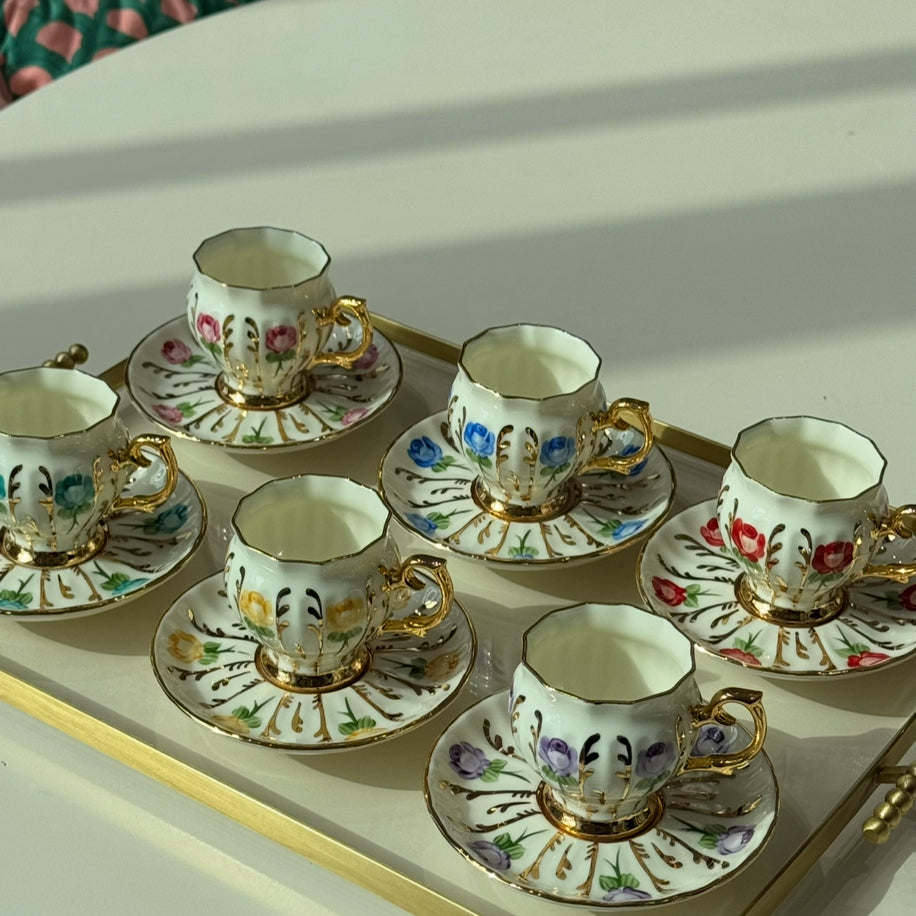 Porselen El Boyaması Çiçek Motif Gold Takım