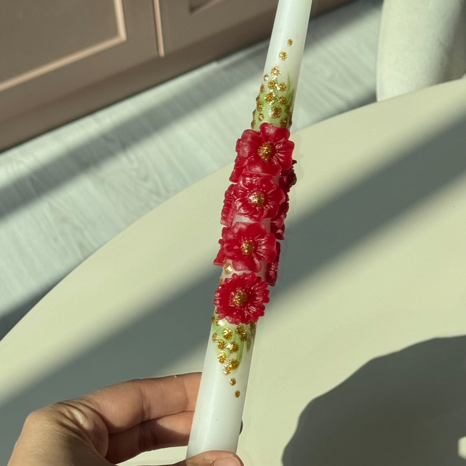 3 Boyutlu Çiçek Beyaz-Kırmızı Mum
