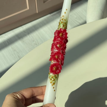 3 Boyutlu Çiçek Beyaz-Kırmızı Mum